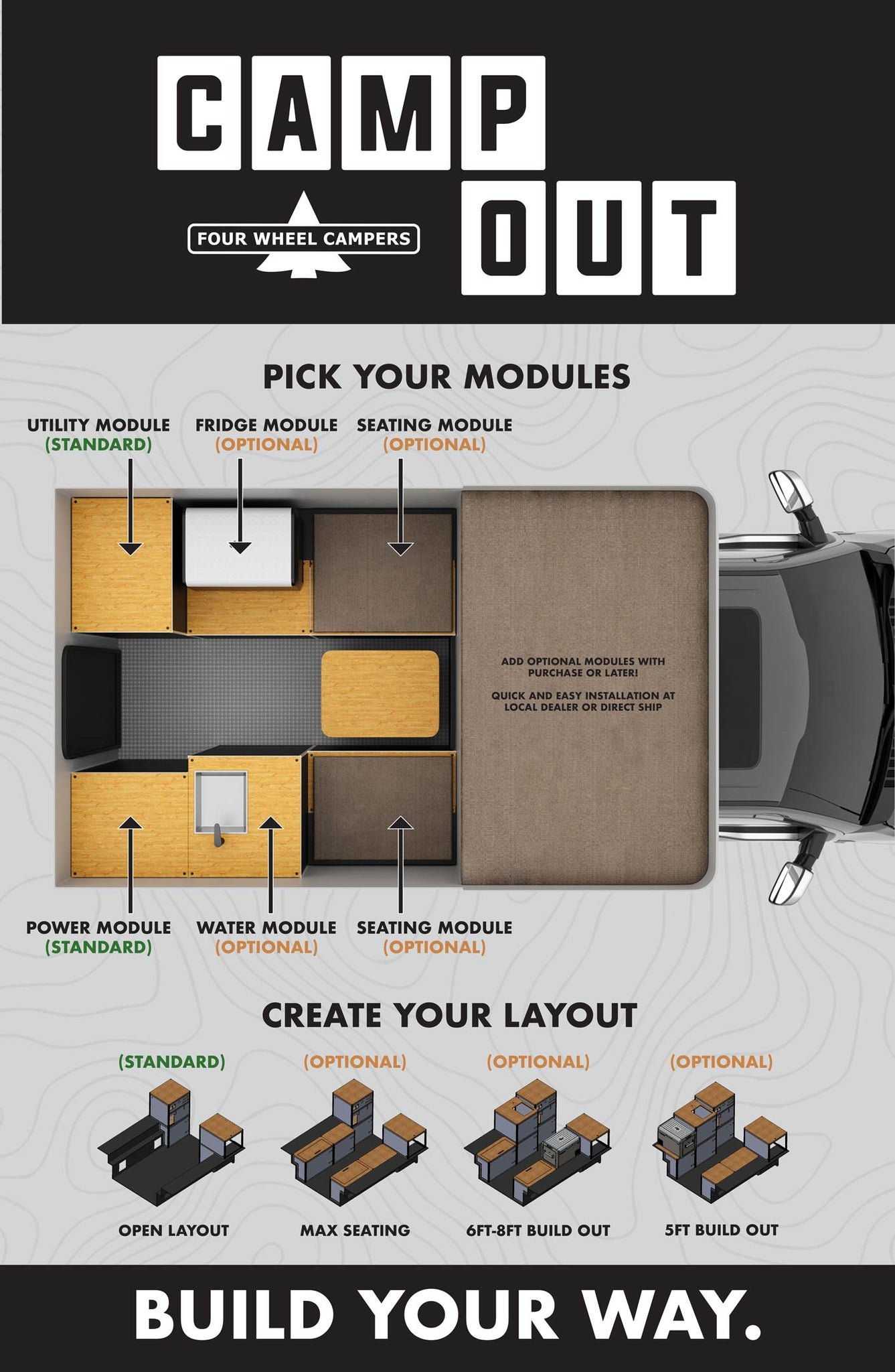 Coming in June: 2026 CampOut Four Wheel Camper with Customizable Modular Floor Plan for Mid-Size Trucks